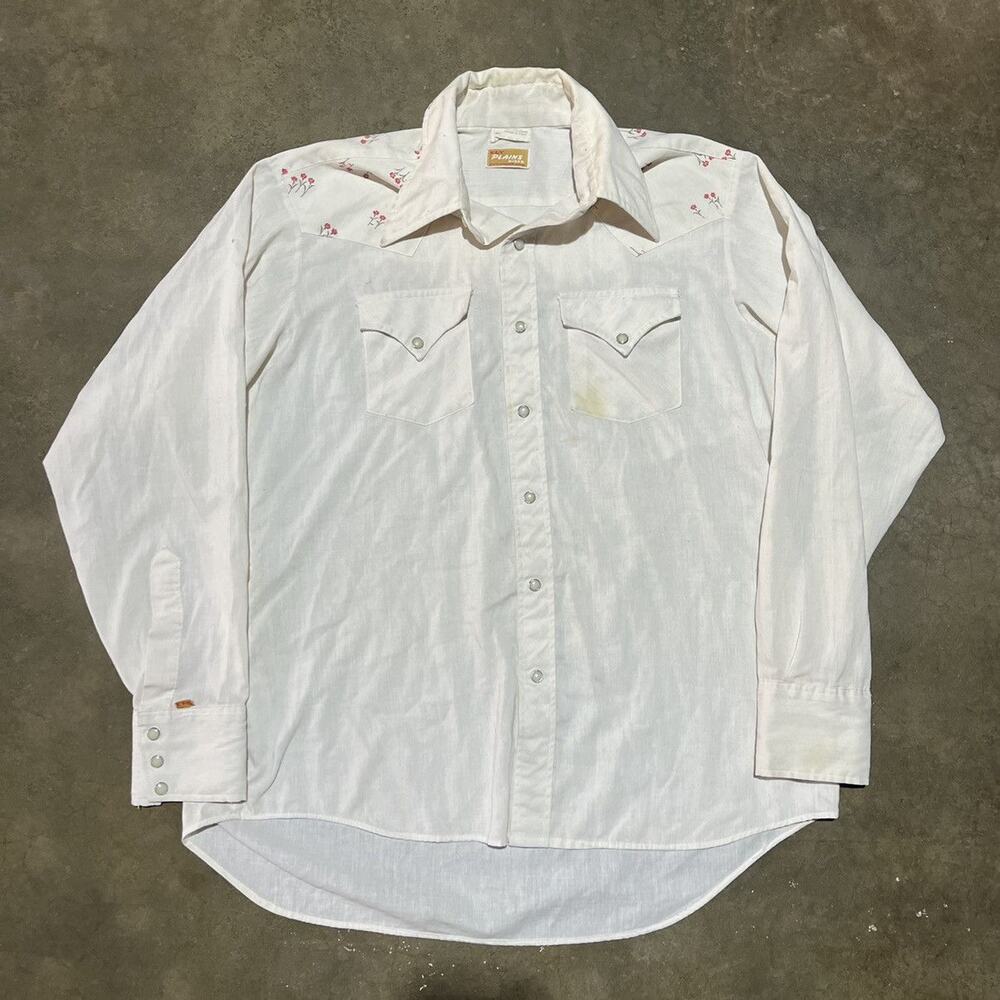 Vintage 60s Ely Plains White Floral Western Pearl Snap Shirt